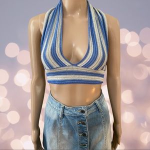 Blue knit halter crop top large